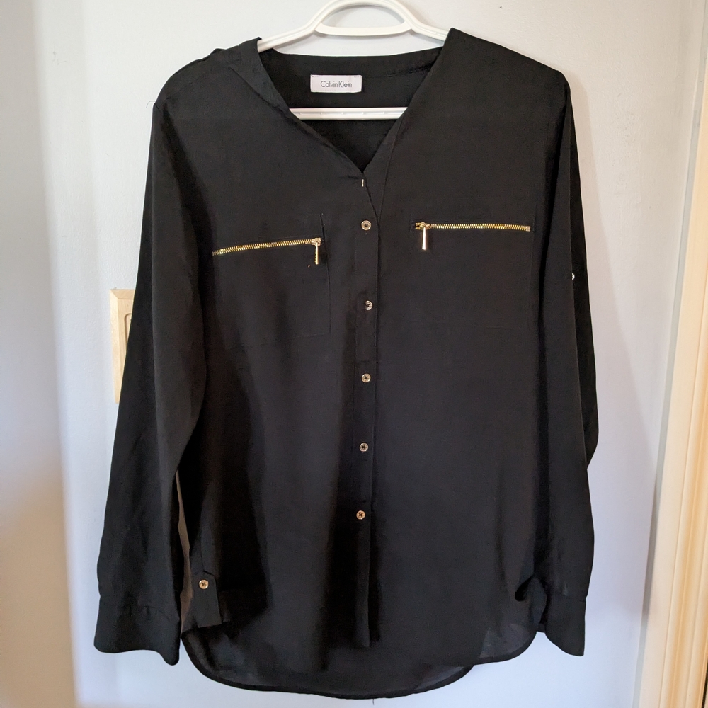 Calvin Klein Black Blouse with Gold Accents